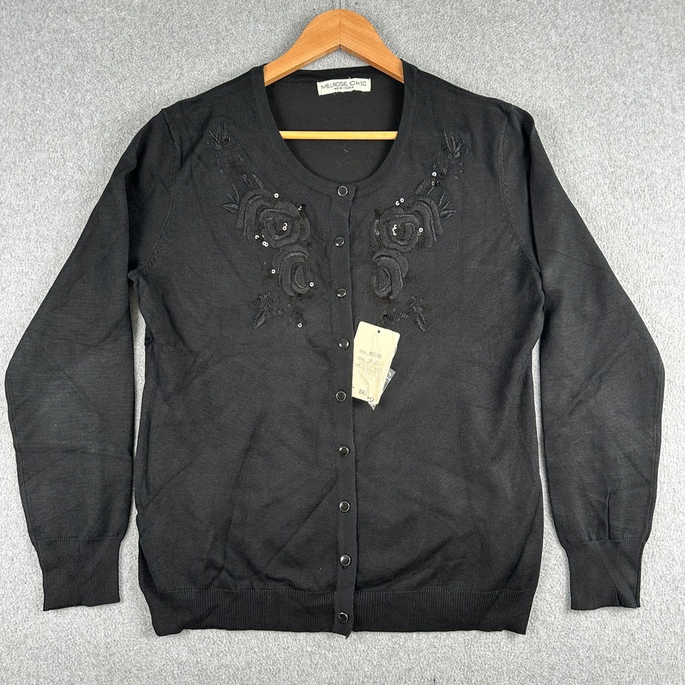 Melrose Chic Cardigan‎ Womens L Black Floral Embroidered Sequin Sweater